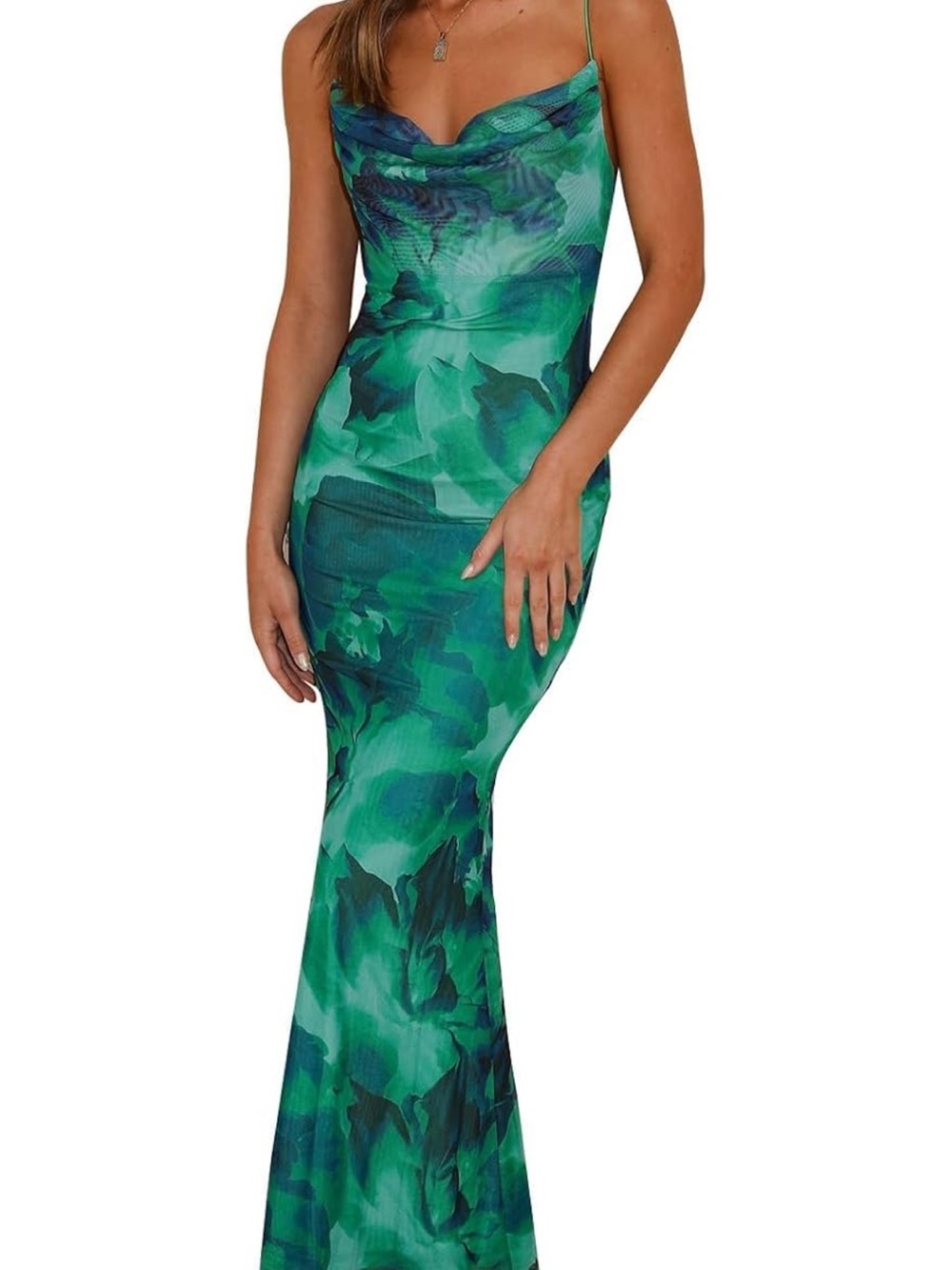 Blue Green Floral Cowl Neck Maxi Dress